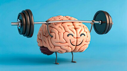 Cartoon brain with legs lifting heavy barbell against blue background symbolizing mental strength, brain power, and fitness concept