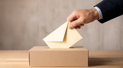 Hand putting an envelope into a ballot box representing voting elections or contributing ideas in democratic process