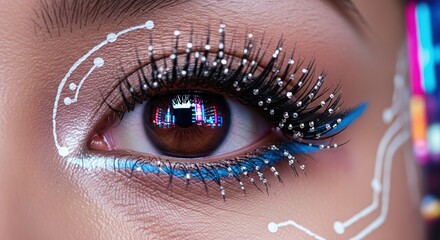 Cyberpunk style close-up of an eye, neon reflections, Asian woman, futuristic details, glossy lashes