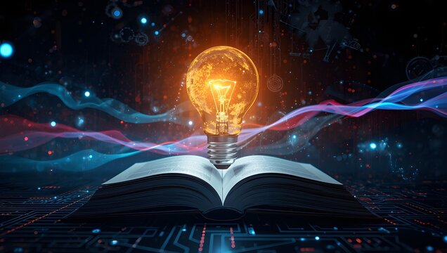 Illuminating Knowledge Lightbulb Above an Open Book , magic book with magic light, Education, learning on school and university or idea concept. Open book with light bulb