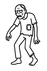 A minimalist illustration portrays a solitary zombie. Its weary form is accentuated by tattered clothes and a vacant gaze. A captivating black outline against a clean background.