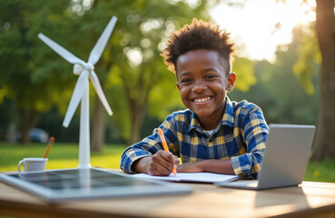 Young boy studies renewable energy in park. Boy reads about solar panel, wind turbine with laptop, tablet. Windmill stands tall in background. Boy smile shows enjoys learning about green energy in