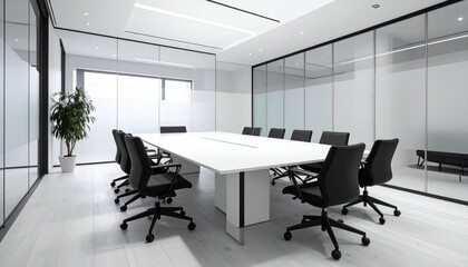 Modern office meeting room setup. Sleek conference room with chairs. Clean office meeting space design. Contemporary boardroom with glass walls. Spacious corporate meeting room