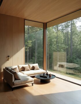 Fototapeta Modern living room interior features spacious sectional couch, low coffee table against floor-to-ceiling windows offering serene forest view. Sunlight streams in, casting warm shadows on minimalist