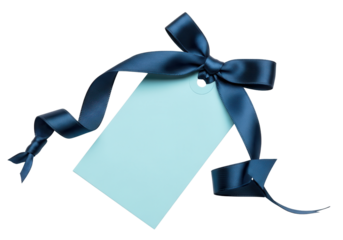 Blank gift tag with dark blue ribbon isolated PNG with Transparent Background