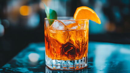 Close up of a cocktail in a glass with ice cubes and an orange slice on a blue marble surface top