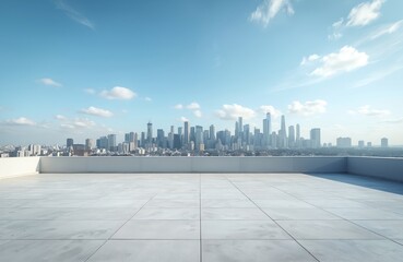 Panoramic cityscape with large white building, flat roof, skyscrapers in background. Clear blue sky with fluffy white clouds. Soft daylight glow on city architecture. Bird eye view of urban landscape.