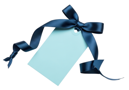 Blank gift tag with dark blue ribbon isolated PNG with Transparent Background