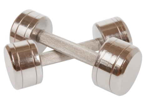 Stacked Chrome Dumbbells with Textured Handles, Diagonal Composition PNG