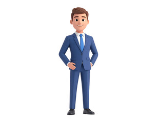 Obraz premium A friendly animated male character in a sharp blue suit and tie stands confidently, ready for business.