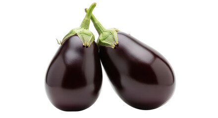 Two dark purple eggplants with green stems against a background aubergine vegetable