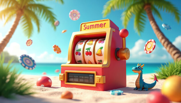 Vibrant beach scene with 3D slot machine in center. Red, gold, green dragon figurine on top. Colorful beach toys surround slot, palm trees, blue sky with clouds. Tropical summer atmosphere.