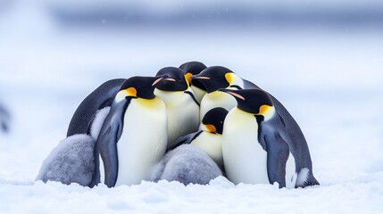 A group of Emperor penguins huddle together for warmth in a snowy environment.