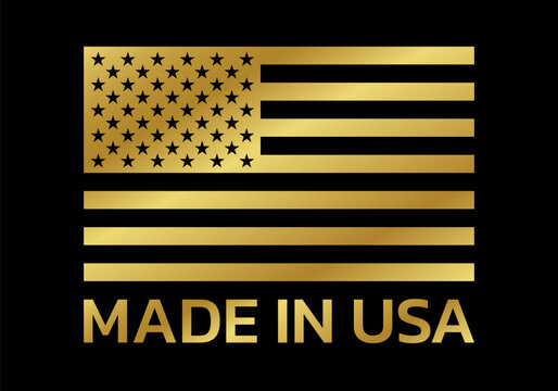 Made in USA logo or label with golden US flag. America manufactured icon. Vector illustration.