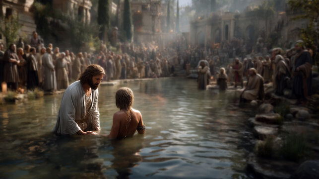John the Baptist Baptizing in the River &ndash; Biblical Re-enactment Scene