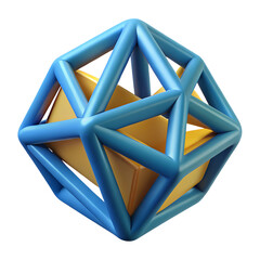 3D Geometric Shape with Blue Frame and Golden Core Isolated on White Background