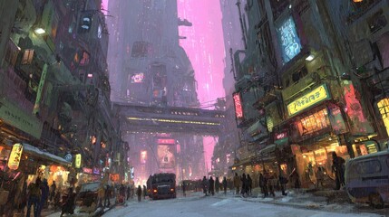Futuristic city street scene, snow covered