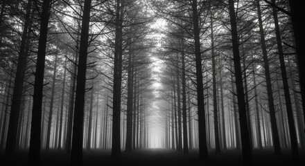 Misty Forest Path in Dark Verdant Woods with Tall Trees and Foggy Atmosphere