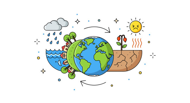 Illustrating the severe global impact of climate change, depicting extreme weather events like devastating floods and prolonged droughts affecting the Earth's delicate balance