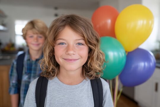Two joyful children are celebrating indoors with colorful balloons, showcasing happiness and friendship in a cheerful setting.