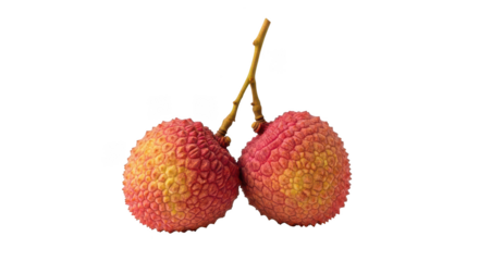 Two ripe lychee fruits with textured red and yellow skin on a background tropical