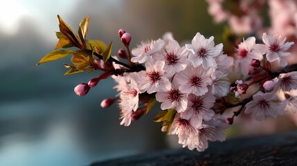 Delicate Cherry Blossom Flowers in Springtime Bloom Near Water