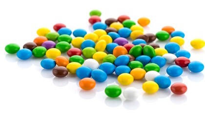Colorful chocolate candies scattered on white