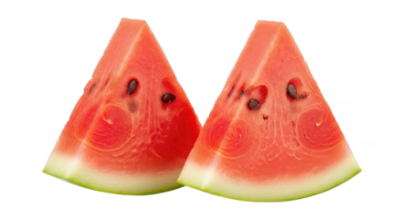 Two triangular watermelon slices with background and visible seeds fruit food