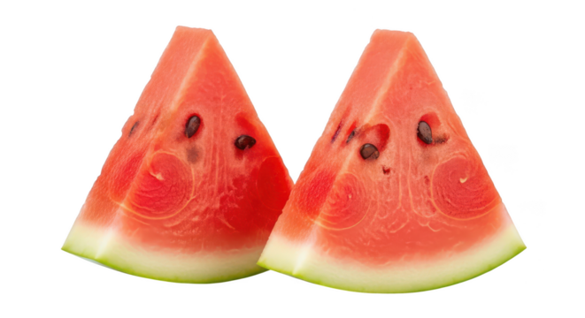 Two triangular watermelon slices with background and visible seeds fruit food