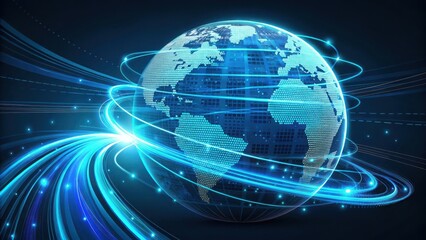 Futuristic glowing blue digital network lines swirling around a detailed planet earth isolated on transparent background