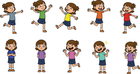 Happy cartoon girl character set – cheerful expressions and playful poses, jumping, smiling, laughing, waving, celebrating, joyful emotions.