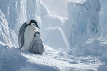 Two emperor penguins stand on a snowy landscape. One adult penguin is beside a fluffy gray chick. Ice formations surround them in a cold, wintry environment.