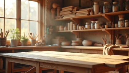 Wooden workshop interior with large window, natural light, tools, materials, wooden workbench, table, chairs, pottery wheel, shelves, jars, gray carpet, light gray walls, warm atmosphere.