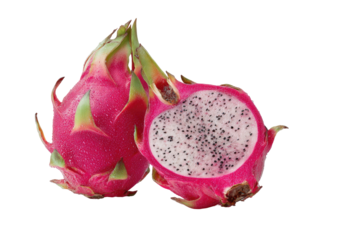 Two halves of a dragon fruit, vibrant pink skin and pale, speckled interior.  Dew droplets cling to the skin
