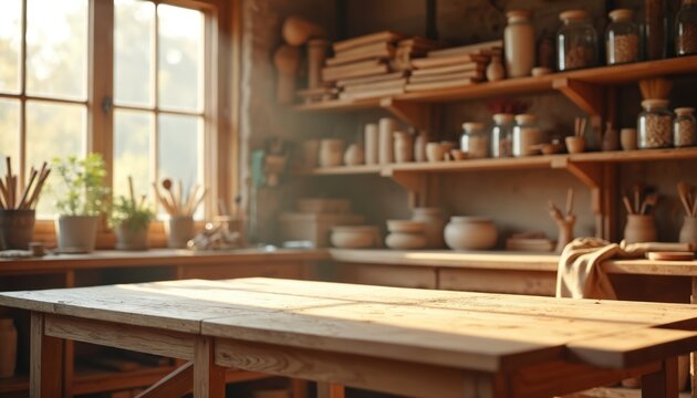Wooden workshop interior with large window, natural light, tools, materials, wooden workbench, table, chairs, pottery wheel, shelves, jars, gray carpet, light gray walls, warm atmosphere.