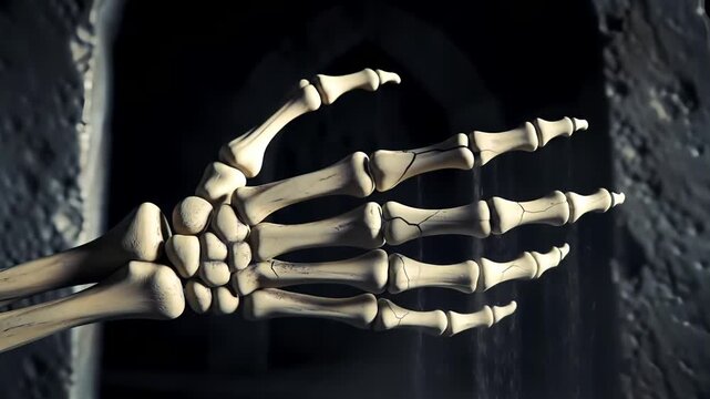 Bone hand stretches out, fingers sifting black sand against a dim stone wall, evoking mortality and the passage of time