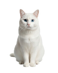 Obraz premium A pristine, fluffy white cat with brilliant blue eyes is sitting centered on a seamless white background,