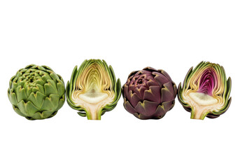 Fototapeta premium Two whole and two halved green and purple artichokes on background vegetable food