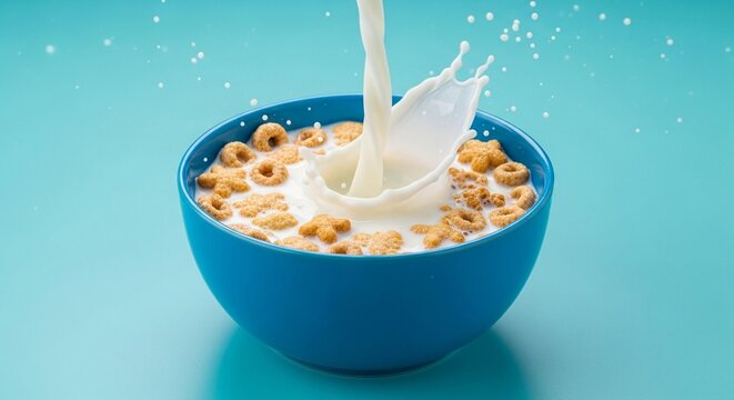 Milk pouring into a bowl of cereal, creating a splash. - Powered by Adobe