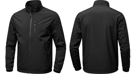 Front and back view of a black zippered casual jacket with a stand-up collar and pockets.