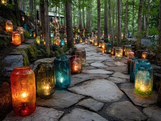 Fototapeta premium Path of colored jars, lit by candles, in a forest