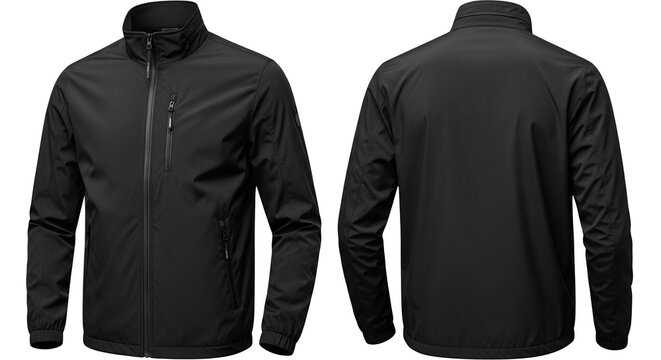 Front and back view of a black zippered casual jacket with a stand-up collar and pockets.