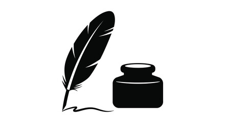 A black feather quill pen and inkwell on a white background © msunny93