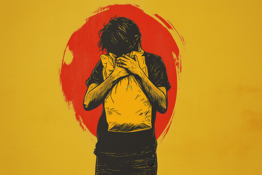 Person experiencing an anxiety attack, sitting on the floor with their knees to their chest, and hyperventilating into a paper bag