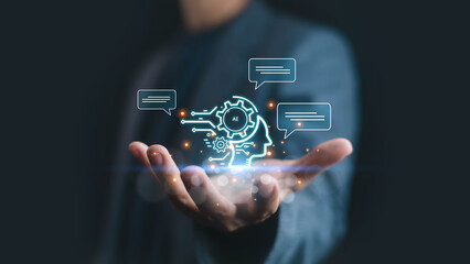 Futuristic concept of artificial intelligence and chatbot technology, showing digital human head with gears, automation icons, and speech bubbles for business innovation.
