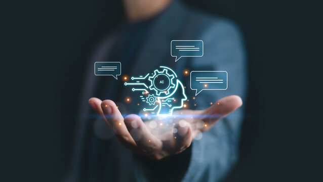 Futuristic concept of artificial intelligence and chatbot technology, showing digital human head with gears, automation icons, and speech bubbles for business innovation.