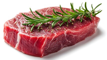 Fototapeta premium Fresh Raw Steak and Rosemary Herb on White Background for Culinary Concept