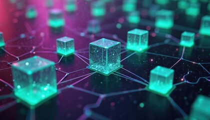 3D rendering of network of cubes with unique colors, patterns. Green, blue cubes overlap, stand alone in grid pattern. Foreground cubes appear larger, background cubes smaller. 3D style with cubes