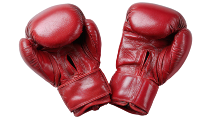 Two red boxing gloves facing each other.  Leather,  padded,  and  insignia-free