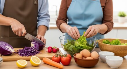 Couple preparing a healthy salad together in a bright kitchen, cooking and fresh ingredients